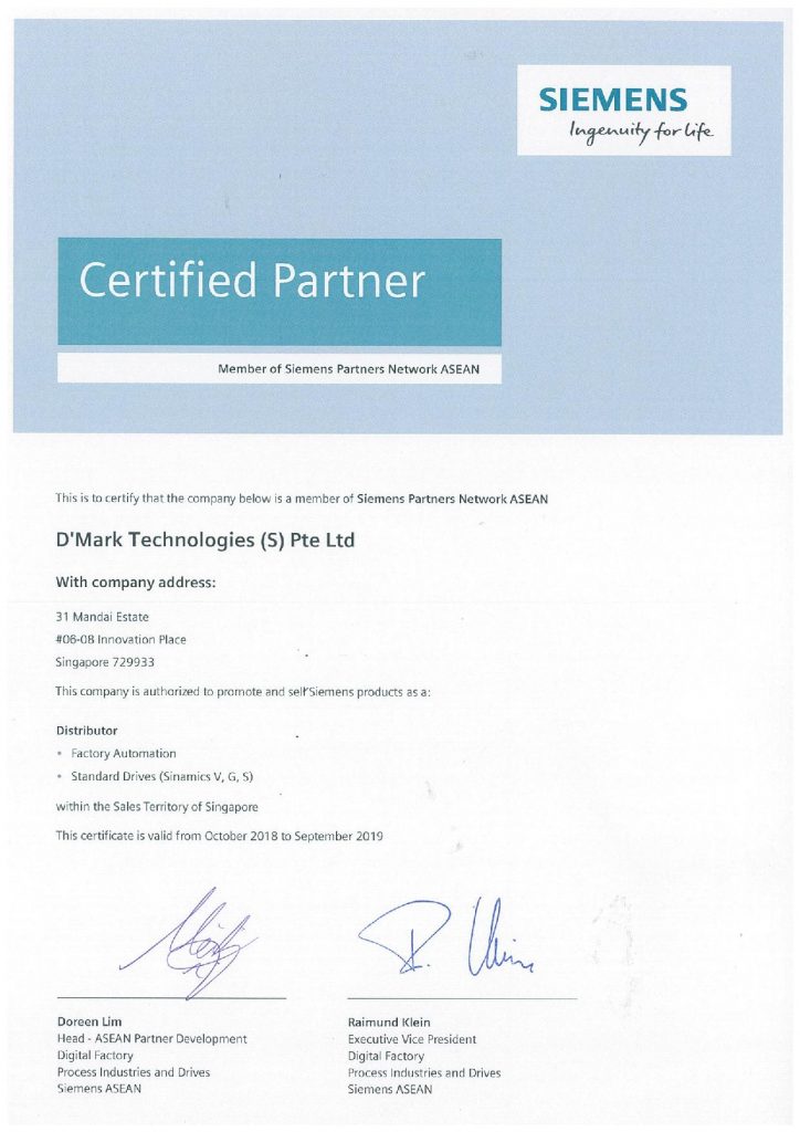 Siemens Distributor Certificate 2019page001 D'Mark Technologies (S